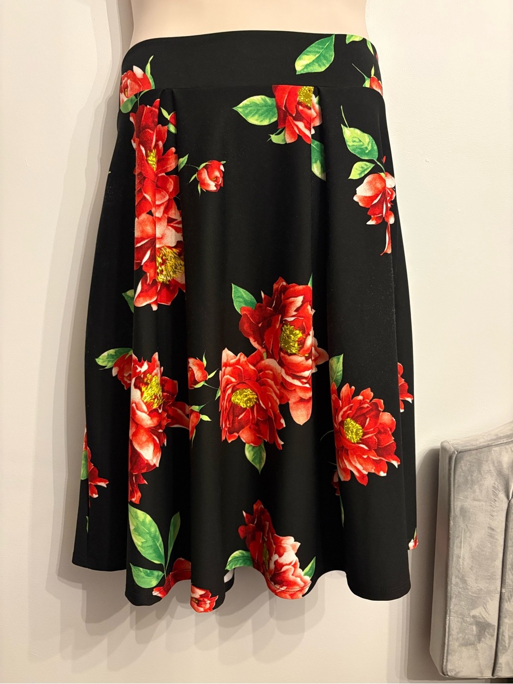 Plus size Black Skater Skirt with Red Floral Print
